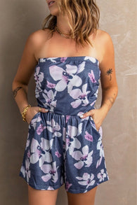 Indigo Tropical Flower Print Strapless Shorts Romper w/Pockets