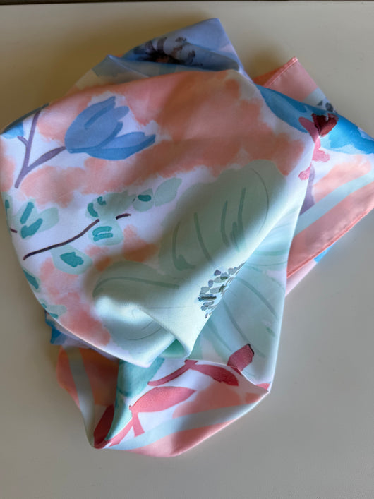 Blue & Pink Flower Print Silk Square Scarf