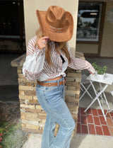 Khaki Leopard & Stripe Patchwork Long Sleeve Button Down Top w/Front Pocket