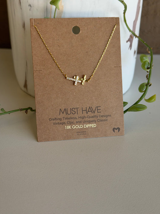 Sideways Double Crosses 18K Gold Dipped Necklace