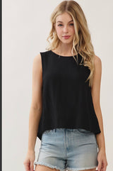Black Flowy Round Neck Tank Top w/Keyhole Back Button