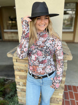 Floral Mesh Long Sleeve High Neck Sheath Blouse