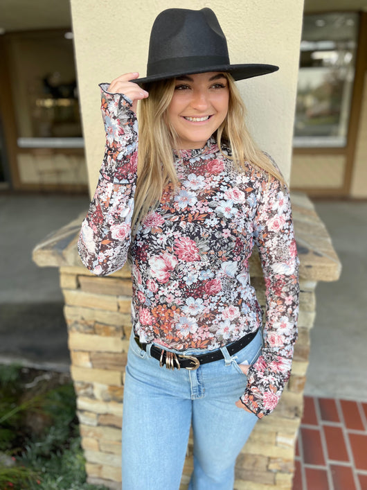 Floral Mesh Long Sleeve High Neck Sheath Blouse