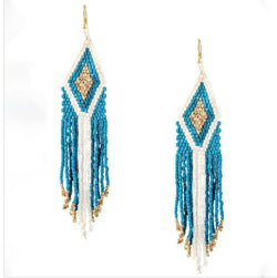 White, Turquoise & Gold Dangle Seed Bead Earrings