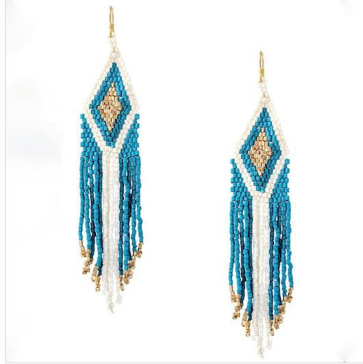 White, Turquoise & Gold Dangle Seed Bead Earrings