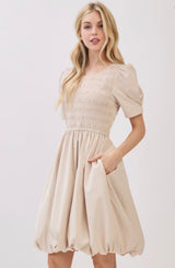 Indy Natural Smocked Bodice Puff Hemline Dress w/Pockets