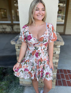 Rosey Floral Print Puff Sleeve, Twist V-Neck Front Cut Out Mini Dress by Angie