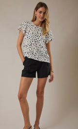 White & Black Abstract Flutter Sleeve Blouse