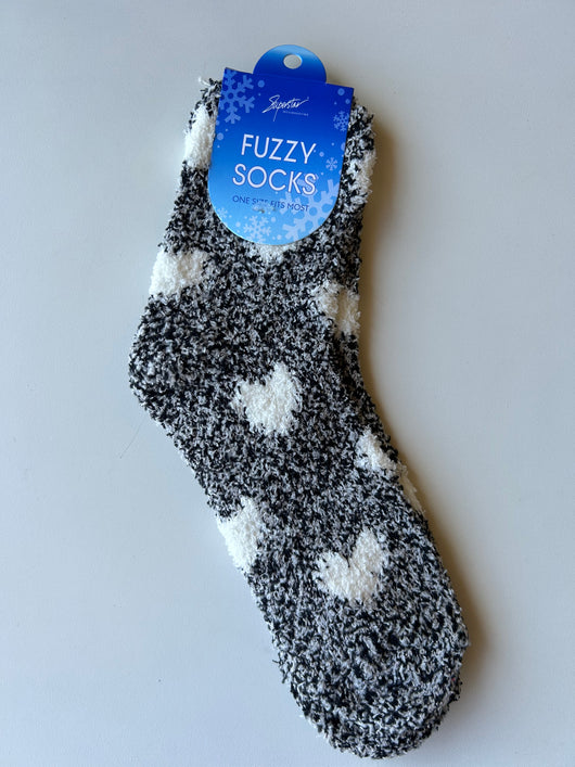 Black w/White Hearts OS Fuzzy Socks