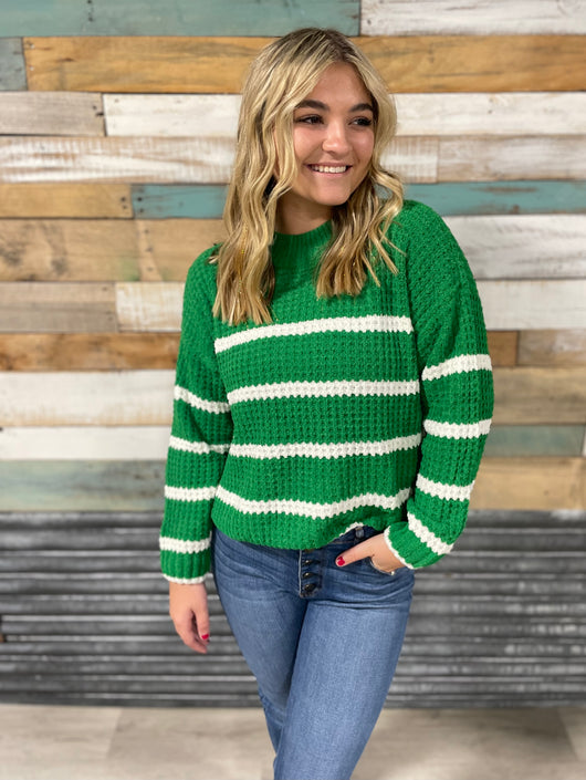 Green & White Stripe Waffle Knit Sweater