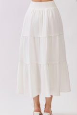 Cabo White Smocked Waist Pom Pom Tiered Trim Midi Skirt w/Pockets