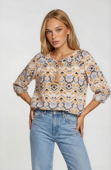 Lily Colorful Geo Print Boho Blouse w/Tassel Tie and 3/4 Sleeve