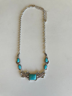 Turquoise Stones & Feather Design Vintage Silver Chain Necklace w/Extender