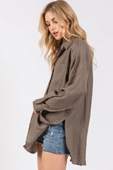 Mocha Oversized Button Down Long Sleeve Top