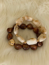 Brown, Cream & Gold Stone Set of 2 Stretch Bracelets
