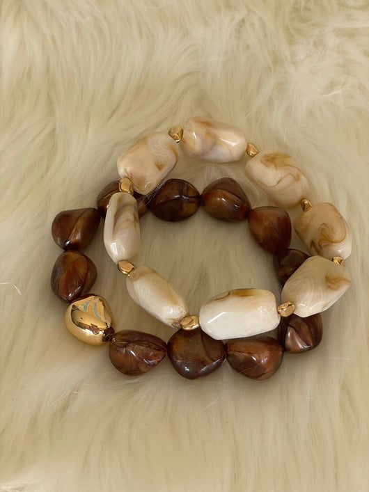 Brown, Cream & Gold Stone Set of 2 Stretch Bracelets