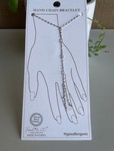 White Gold Dipped Silver Chain & Rectangle CZ Stone Hand Chain Bracelet