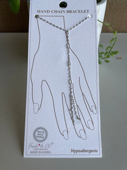 White Gold Dipped Silver Chain & Rectangle CZ Stone Hand Chain Bracelet