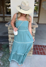 Teal Breezy Embroidered Tiered Maxi Dress w/Tie Straps