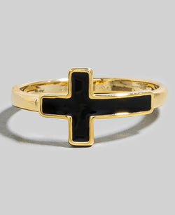 Black Enamel & Gold Sideways Cross Ring - Size 6.5