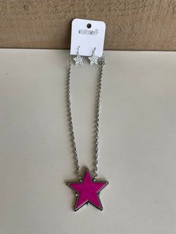 Wildflower Fuchsia Star Pendant & Silver Chain Link Necklace and Earring Set