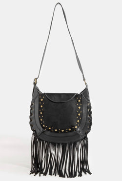 Black Suede & Rivet Fringe Saddleback Purse