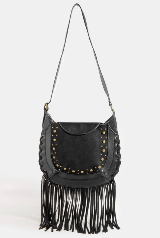 Black Suede & Rivet Fringe Saddleback Purse