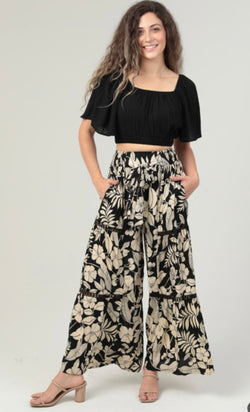 West Palm Beach Black & Cream Tropical Design Wide Leg Front Tie Smocked Waist Pants w/Pockets by Angie