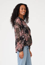 Black & Dusty Rose Floral Shimmer Long Sleeve Wrap Blouse by Lovestitch