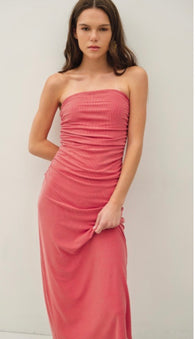 Peony Pink Ruched Strapless Midi Dress