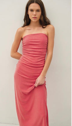 Peony Pink Ruched Strapless Midi Dress