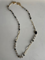 Black & Grey Glass Beads Long Gold Chain Necklace