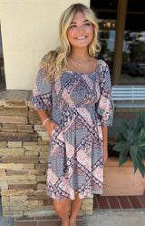 Blue & Pink Cottage Pattern 3/4 Sleeve Dress w/Smocked Bodice & Pockets