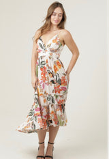 Tropical Print Ivory Hi-Low Midi Tank Dress w/Smocking & Adjustable Straps