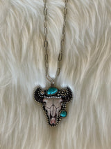 Silver Chain Link Necklace w/White & Turquoise Bull Head Pendant