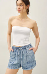 Marble Denim Wash Tencel Shorts w/Elastic Tie Waist and Pockets