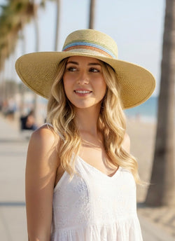 Bahama Colorful Stripe & Tan Floppy Straw Sun Hat w/Adjustable Fit