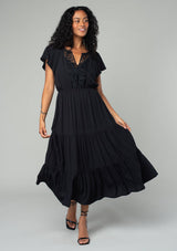 Black Tiered Midi Dress w/Lattice Trim Detail & Flutter Sleeve by Lovestitch