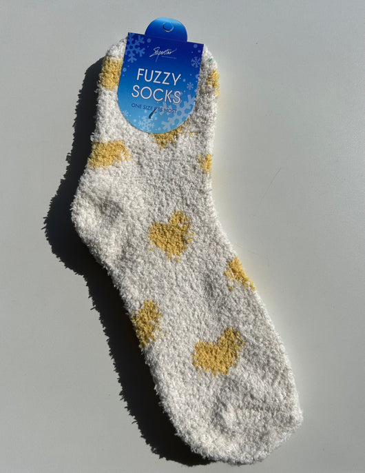 Ivory w/Yellow Hearts OS Fuzzy Socks