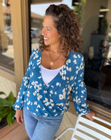 Ocean Blue & White Butterfly Pattern Wrap Top w/Tie Sleeves by Lovestitch