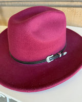 Burgundy Fedora Hat w/Brown Buckle Band & Adjustable Fit
