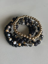 Black Lava & Gold Set of 5 Stretch Beaded Bracelets