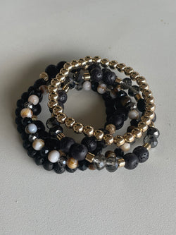 Black Lava & Gold Set of 5 Stretch Beaded Bracelets