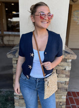 Navy Short Sleeve Knit Sweater Top w/Gold Starfish Snap Buttons