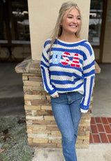 USA Blue & White Stripe Knit Sweater Top