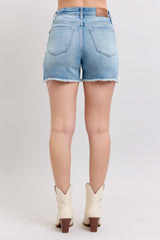Western Girl Embroidery Pink Detail High Waist Light Blue Denim Judy Blue Jean Shorts