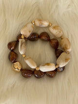 Brown, Cream & Gold Stone Set of 2 Stretch Bracelets
