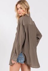 Mocha Oversized Button Down Long Sleeve Top
