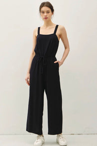 Black Flowy Leg Tank Jumper w/Drawstring Waist, Adjustable Straps and Pockets