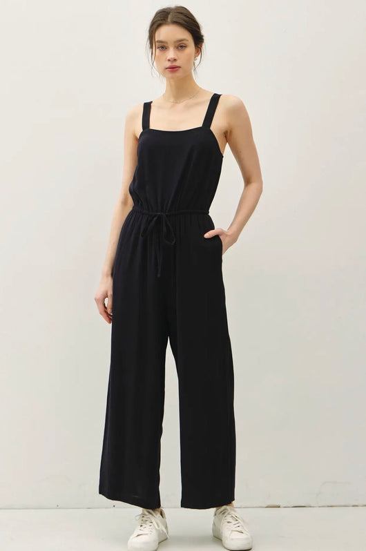 Black Flowy Leg Tank Jumper w/Drawstring Waist, Adjustable Straps and Pockets